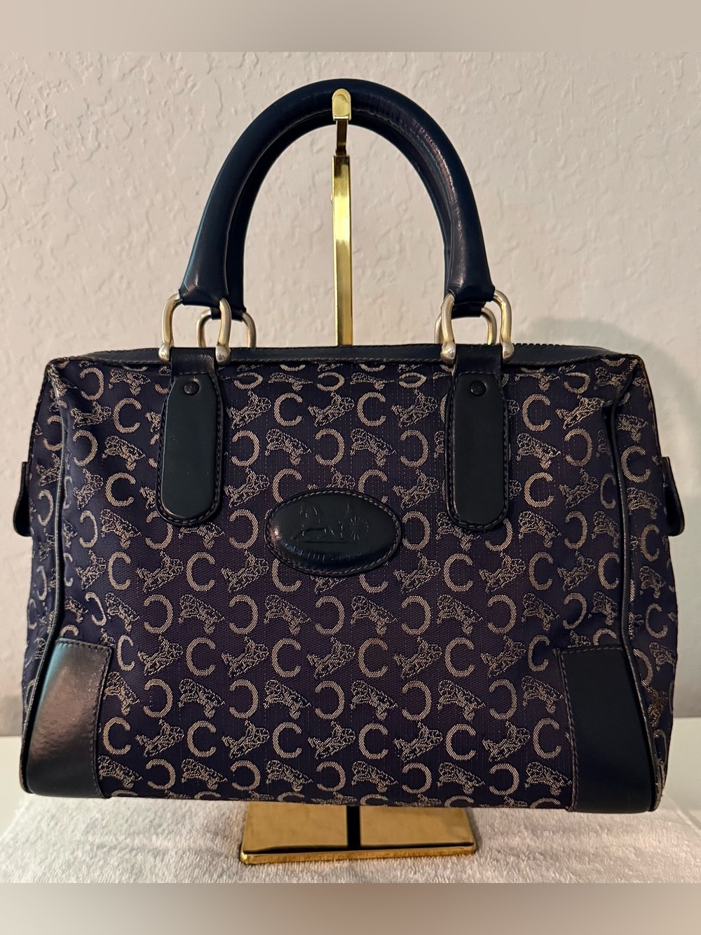 Vintage Celine Sulky C Macadam Boston Bag in Navy Blue Canvas and Leather